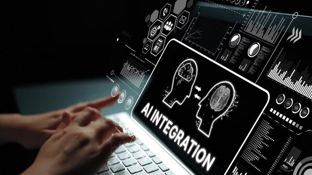 Hands Typing on Keyboard with AI Integration Concept and Data Visualization on Screen. Asymptotic smart data analytic.