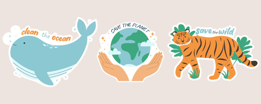 Set of eco-friendly stickers with whale, earth and tiger for environment protection.