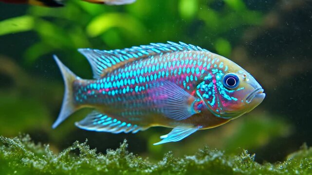 Ram cichlid in an aquarium swimming tods the camera
