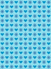 Fototapeta premium Nautical Blue Pattern with Ship Wheels and Hearts