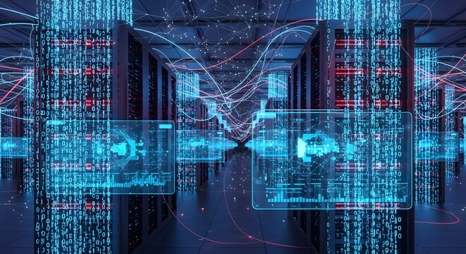 Modern data center interior with digital information overlays and glowing network connections for cloud computing