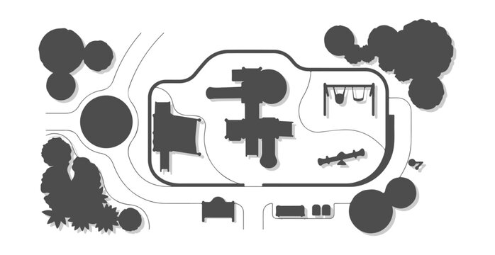 Top View Playground Site Plan Silhouette Vector Set, Overhead Perspective Solid Black Park Layout and Equipment for Architectural Maps and Urban Design
