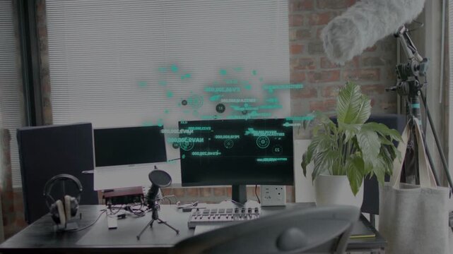 Faint HUD appearing over monitors, growing aligning and spreading labels, visualizing data on desk