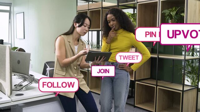 Two coworkers tapping tablet, generating social callouts growing and obscuring office for marketing