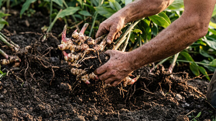 Fototapeta premium Galangal rhizome mid-pull from dark soil, roots and soil intact. Authentic harvest action. Asian herb garden. Model release for hands.