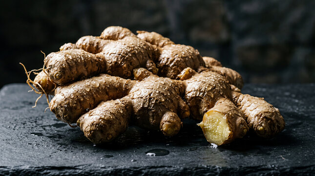 Fresh ginger root freshly washed with glistening water droplets on dark slate. Dramatic sidelight. Organic wellness harvest. No logo.