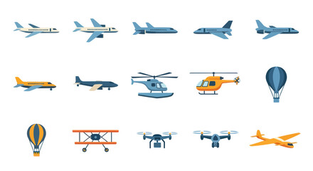 Diverse Aircraft Collection: Jets, Helicopters, Drones, Biplane, Hot Air Balloons © beni