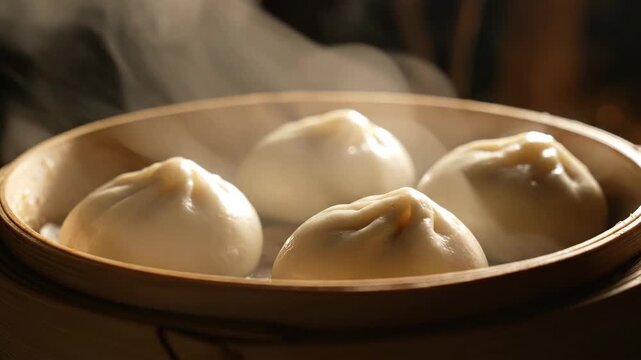 Steaming dumplings in bamboo basket