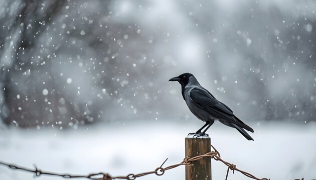 Crow on Fence and Snowy Ground in Winter Landscape &mdash; Beautiful Wildlife Scene with HD Background, Minimal Nature Aesthetic, and Cold Seasonal Atmosphere