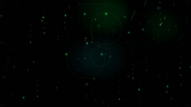 Cyber Data Flow Binary digits and glowing particles rising upward on black background, digital data flow, abstract technology and cyberspace motion graphic overlay