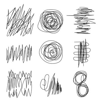Minimalist Black Ink Messy Line Art Collection, Creative Doodle Chaos and Sketchy Grungy Textures, Geometric Scribbles and Tangled Line Graphic Elements