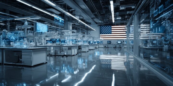 Modern laboratory showing technological advancements with american flag