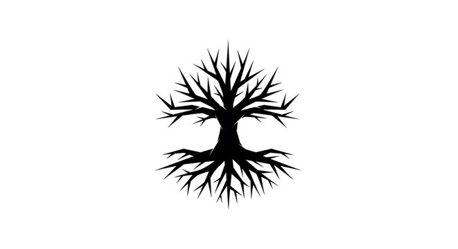 Black silhouette tree roots growing upwards.