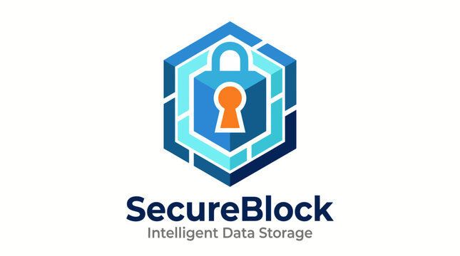This image showcases a modern logo for SecureBlock featuring a locked padlock integrated into a hexagonal design, emphasizing data security and intelligent storage solutions.