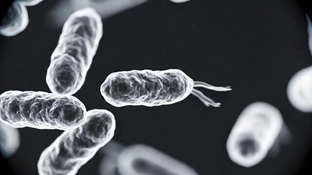 Microscopic 3D Render of Bacteria Cells with Flagella Swimming in Fluid, Electron Microscope Style Pathogen Animation