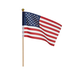 Fototapeta premium Small waving american flag on a wooden stick isolated on a transparent background