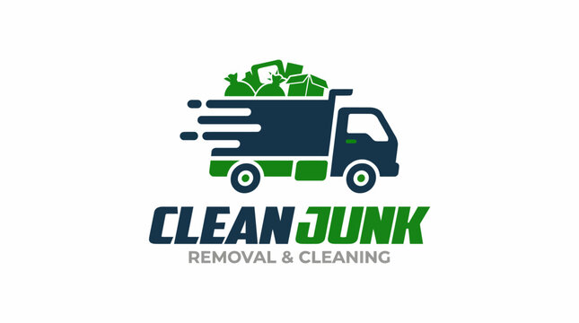 This image represents a logo for a junk removal company with a sleek truck design featuring various trash items, emphasizing efficiency and cleanliness in waste management.