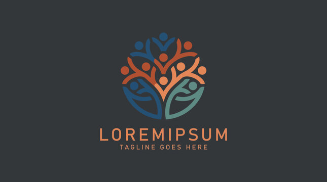A logo featuring a stylized tree made of interconnected human figures, symbolizing community, connection, and growth, perfect for non-profits or social enterprises.