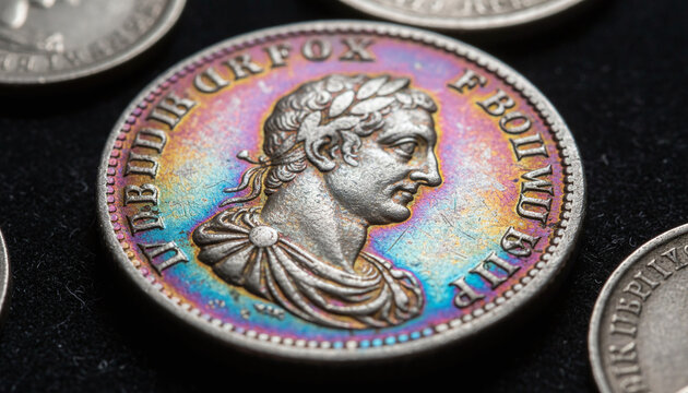 Antique silver coin macro with vibrant rainbow toning oxidation