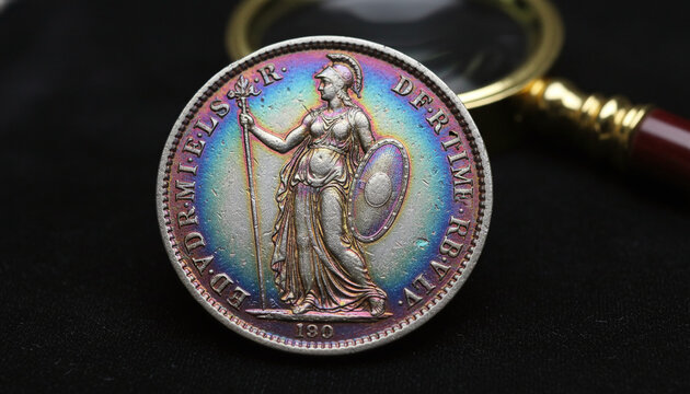 Antique silver coin macro with vibrant rainbow toning oxidation