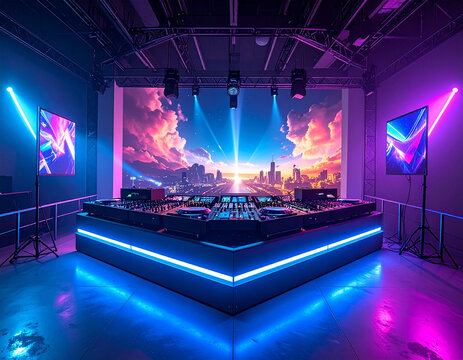 Dj stage with neon lights and screen