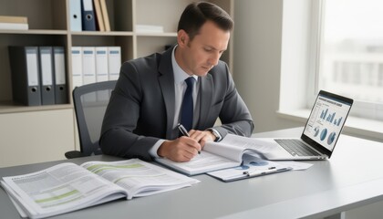 Fototapeta premium Consultant scrutinizing nonprofit insurance renewals emphasizing compliance with regulatory coverage limits and exclusions.