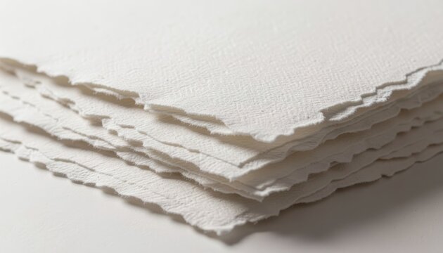 Stack of Textured White Handmade Paper Sheets with Deckled Edges Under Soft Studio Lighting