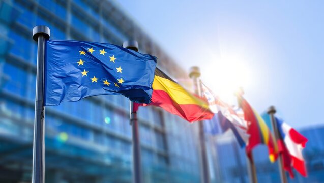 European Union Flag Waving Prominently with Blurred Member State Flags in Bright Sunlight