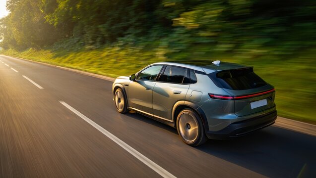  Modern grey electric SUV car driving at speed on an asphalt road with motion blur and warm sunlight