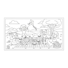 Fototapeta premium Children and animals having a joyful outdoor picnic gathering with line art