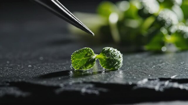 Tweezers holding a microgreen culinary preparation