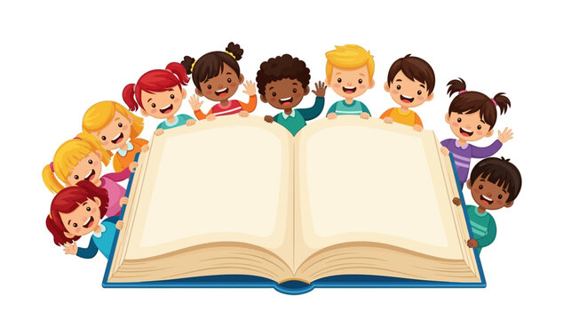 Diverse group of children gathered around an open book in a colorful and lively flat lay composition.