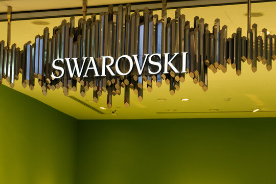 Bangkok, Thailand - 12, March 2025: close up Swarovski store sign. Swarovski brand logo. Jewelry brand

