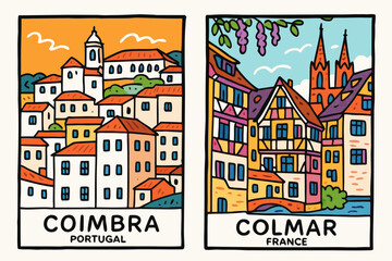 Obraz premium Charming European Cityscapes: Coimbra, Portugal and Colmar, France, Vector Illustration