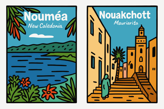Noum&eacute;a, New Caledonia tropical island scenery and Nouakchott, Mauritania cityscape flat design vector illustration