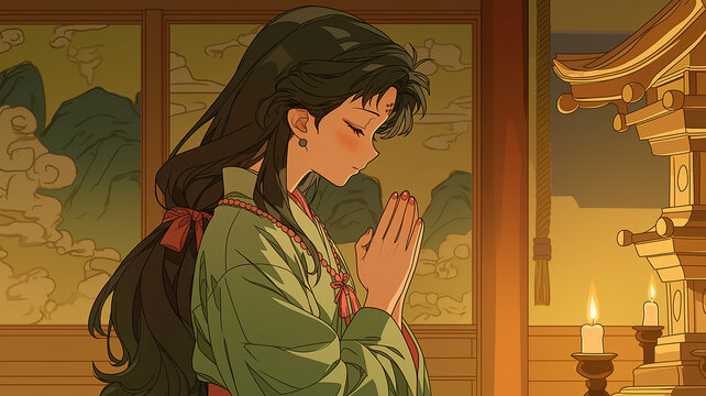 光に包まれた穏やかな空間で祈りを捧げる女性を描いたイラスト、静寂と神秘性が調和した美しい構図、ヒーリングやスピリチュアル系コンテンツに最適な高品質背景素材
