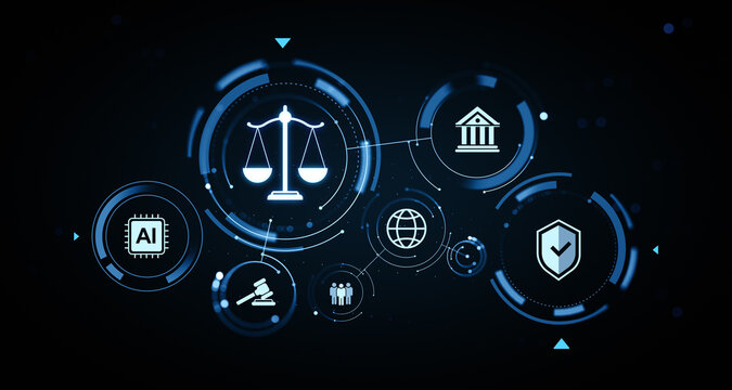 Digital justice and technology governance symbols with scales, AI chip, security shield, and legal icons in futuristic interface design. 3D Rendering
