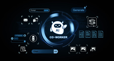 Naklejka premium Futuristic digital interface featuring cute AI coworker robot icon with multiple technology elements, communication symbols and workflow graphics on dark background. 3D Rendering