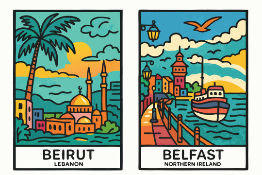 Vibrant vector illustration triptych of Beirut and Belfast cityscapes, travel destinations doodle drawn style