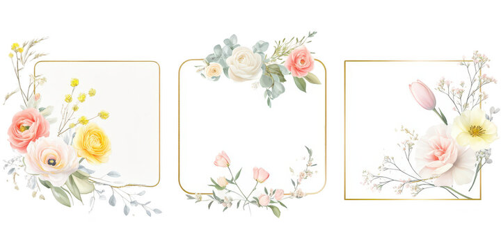 Elegant Set of Three Watercolor Floral Gold Frame Borders with Pink and Yellow Flowers on Transparent Background