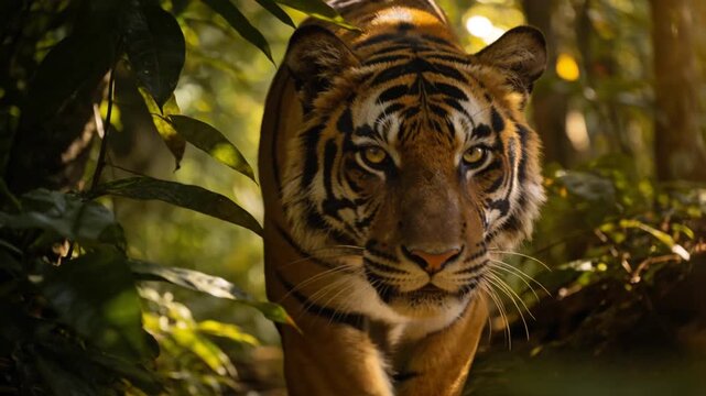 Cute tiger stalking prey in dense jungle, realistic footage