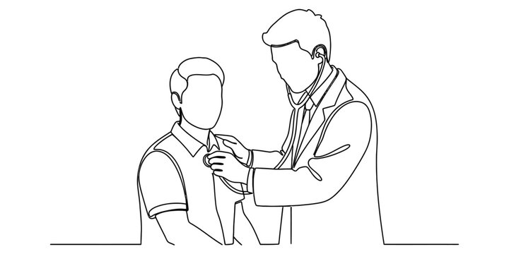 A single continuous line drawing of a doctor using a stethoscope to examine a male patient chest
