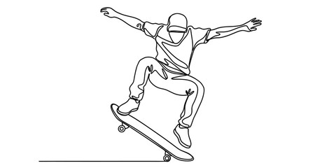 A continuous line drawing of a person performing an athletic skateboard trick in the air today © S Arts & Culture