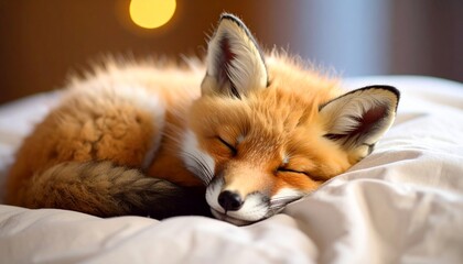 Fototapeta premium Adorable Fox Cub Napping Peacefully on Soft Bedding A Portrait of Serenity and Comfort.
