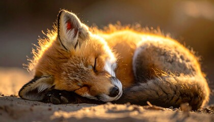 Fototapeta premium Sleeping Fox Kit in Golden Light Portrait of a Young Wild Animal Curled up Peacefully.