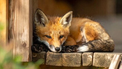 Fototapeta premium Red Fox Resting in Wooden Structure A Charming Wildlife Portrait of a Peaceful Animal in Natural Habitat.