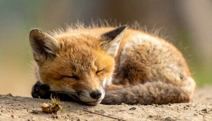 Fototapeta premium Sleeping Red Fox Cub in Soft Light Nature Photography Close Up Wildlife Portrait Adorable Young Animal in Peaceful Rest.