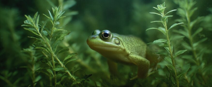 A green polliwog dances through the crystal-clear waters of a freshwater pond