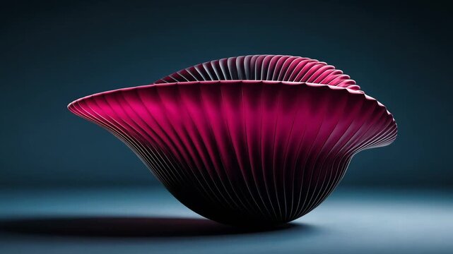 Abstract pink and silver sculpture with curved linear patterns on a dark blue background