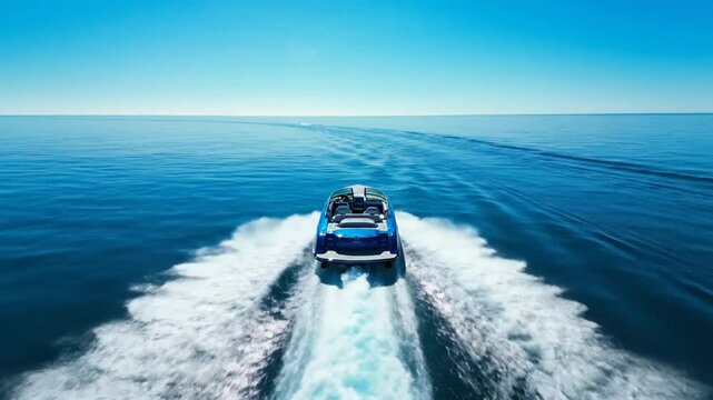 Luxurious blue sports car convertible speeding on the sea leaving a beautiful wake under a clear sky